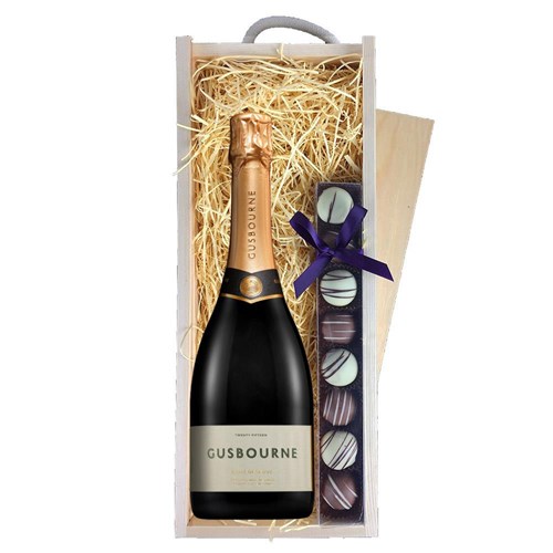 Gusbourne Brut Reserve English Sparkling 75cl & Truffles, Wooden Box